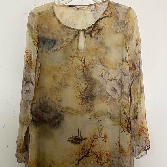 Soft Surroundings Lagenlook Silk Tunic Asian Gold Neutrals Sheer Asymmetrical XS - Picture 2 of 10